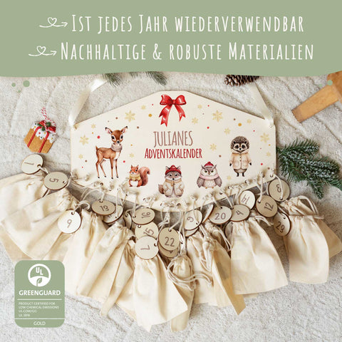 Personalisierter Adventskalender aus Holz mit Druckmotiv & Namen - Waldtiere