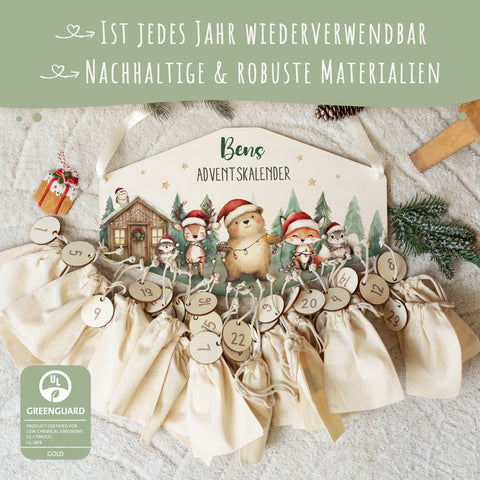 Personalisierter Adventskalender aus Holz mit Druckmotiv & Namen - Winterhütte