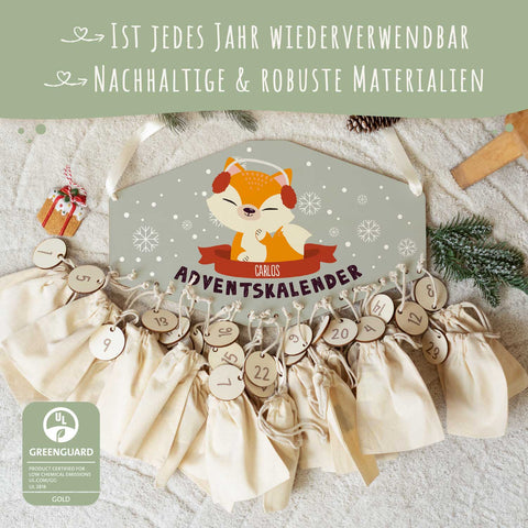 Personalisierter Adventskalender aus Holz mit Druckmotiv & Namen - Wintertiere