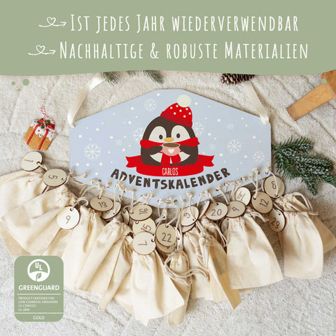 Personalisierter Adventskalender aus Holz mit Druckmotiv & Namen - Wintertiere