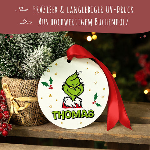 Christbaumschmuck aus Holz - Grinch - Weihnachtsanhänger mit Namen