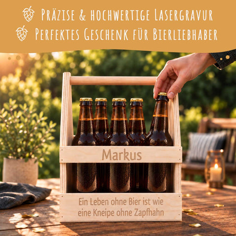 Bierträger aus Holz für 6 Flaschen mit personalisierter Lasergravur