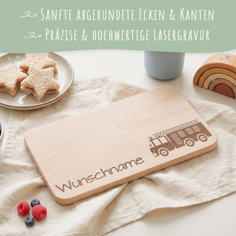 Frühstücksbrettchen für Kinder im " Feuerwehr" Design mit Wunschname