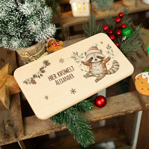Frühstücksbrettchen zu Weihnachten - Waschbär - personalisiert mit Name