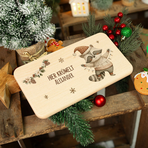 Frühstücksbrettchen zu Weihnachten - Waschbär - personalisiert mit Name