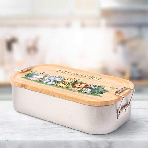 Brotdose mit Deckel für Kinder mit UV-Druck im "Tiergruppe Safari" Design