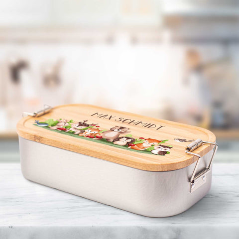 Brotdose mit Deckel für Kinder mit UV-Druck im "Tiergruppe Waldtiere" Design