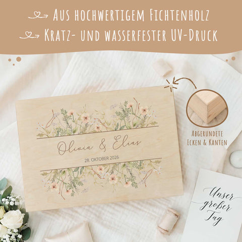 Erinnerungskiste mit UV-Druck im Blumenbanderole Design - Personalisiertes Geschenk zur Hochzeit