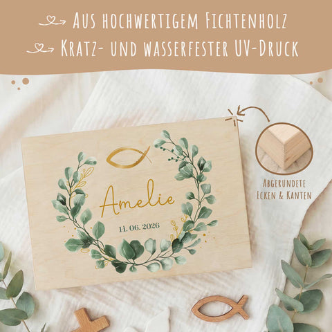 Bedruckte Erinnerungskiste zur Kommunion & Konfirmation - Eukalyptus Kranz