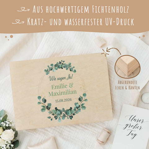 Erinnerungskiste mit UV-Druck im Eukalyptus Kreis Design - Personalisiertes Geschenk zur Hochzeit