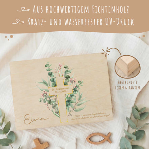 Bedruckte Erinnerungskiste zur Kommunion & Konfirmation - Eukalyptuskreuz