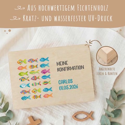 Bedruckte Erinnerungskiste zur Kommunion & Konfirmation - Bunte Fische