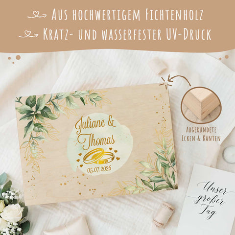 Erinnerungskiste mit UV-Druck im Golden Wedding Design - Personalisiertes Geschenk zur Hochzeit