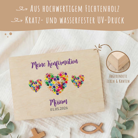 Bedruckte Erinnerungskiste zur Kommunion & Konfirmation - Herzen Hände
