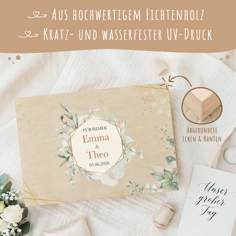 Erinnerungskiste mit UV-Druck im Hochzeit Polygon Design - Personalisiertes Geschenk zur Hochzeit
