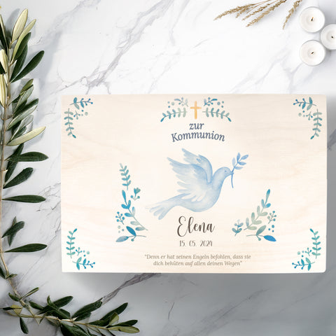 Bedruckte Erinnerungskiste zur Kommunion & Konfirmation - Taube Konfirmation