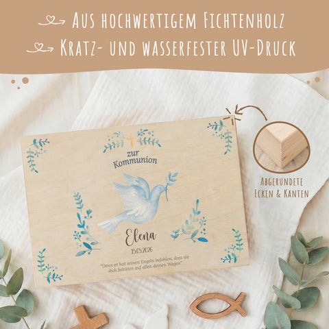 Bedruckte Erinnerungskiste zur Kommunion & Konfirmation - Taube Konfirmation