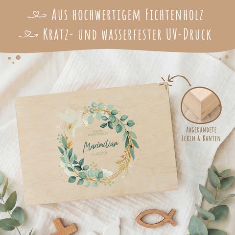 Bedruckte Erinnerungskiste zur Kommunion & Konfirmation - Blätterkranz