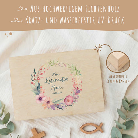 Bedruckte Erinnerungskiste zur Kommunion & Konfirmation - Blumenkranz