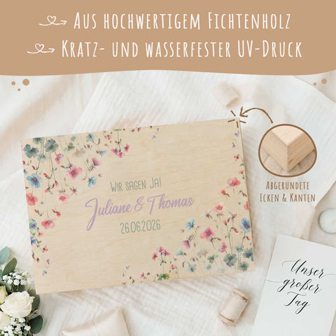 Erinnerungskiste mit UV-Druck im Pastell Flowers Design - Personalisiertes Geschenk zur Hochzeit