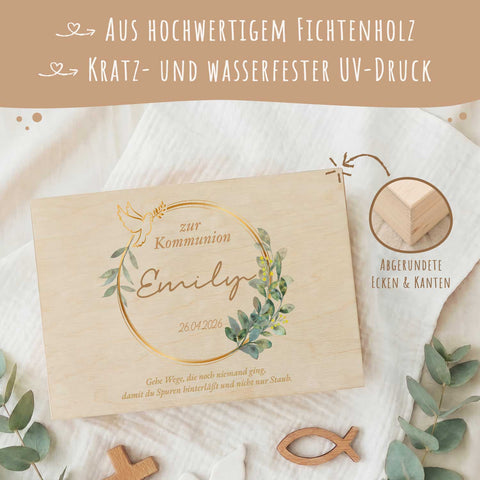 Bedruckte Erinnerungskiste zur Kommunion & Konfirmation - Taube Gold