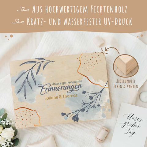 Erinnerungskiste mit UV-Druck im Unsere gemeinsamen Erinnerungen Design - Personalisiertes Geschenk zur Hochzeit