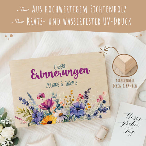 Erinnerungskiste mit UV-Druck im Unsere Erinnerungen Design - Personalisiertes Geschenk zur Hochzeit