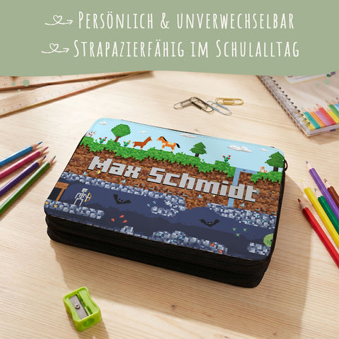 Bedruckte Federmappe für Kinder - Pixelerde - Personalisiert mit Name