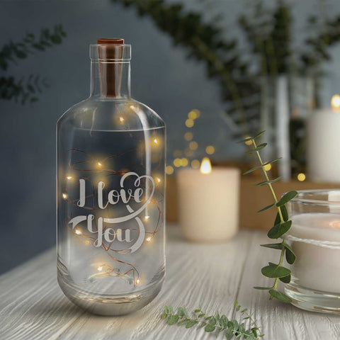 Flaschenlicht mit LED-Lichterkette und Gravur "I love you"