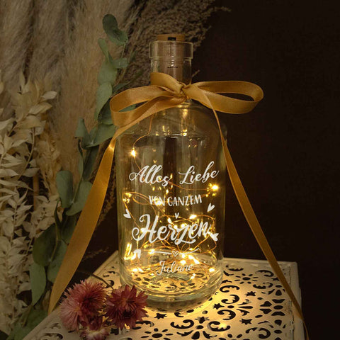 Flaschenlicht mit LED-Lichterkette und Gravur "Alles Liebe von ganzem Herzen"