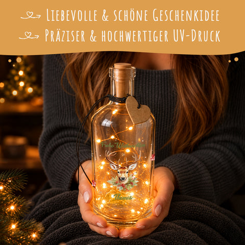 Flaschenlicht mit LED-Lichterkette und UV Druck - Hirsch Design - Personalisiert mit Name