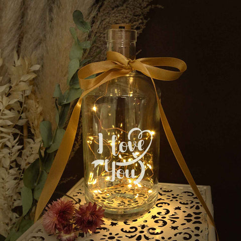 Flaschenlicht mit LED-Lichterkette und Gravur "I love you"