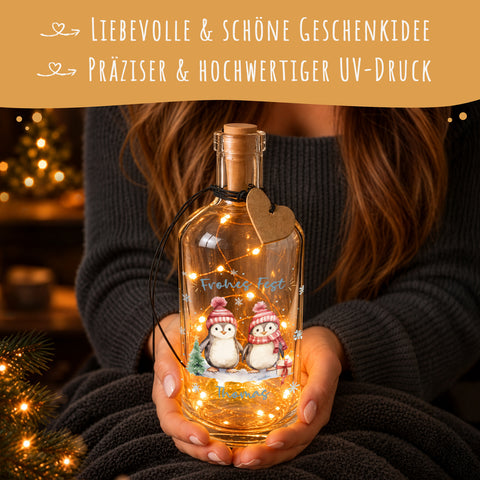 Flaschenlicht mit LED-Lichterkette und UV Druck - Pinguine Design - Personalisiert mit Name