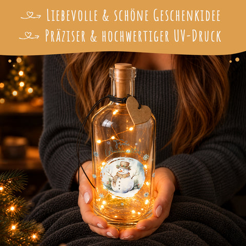 Flaschenlicht mit LED-Lichterkette und UV Druck - Schneemann Design - Weihnachtsdekoration