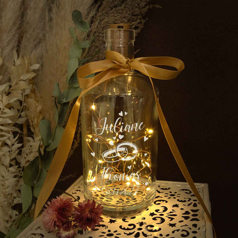 Flaschenlicht mit LED-Lichterkette und Gravur "Wedding"