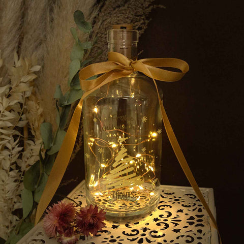 Flaschenlicht mit LED-Lichterkette und UV Druck - Weihnachtsbaum Gold Design - Personalisiert