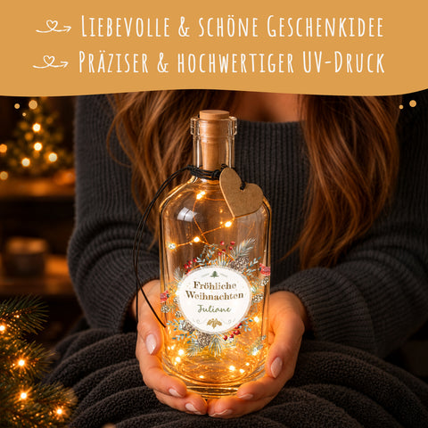 Flaschenlicht mit LED-Lichterkette und UV Druck - Weihnachtskreis Vögel Design - Personalisiert