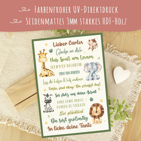 Holzschild zur Einschulung - Tiergruppe Safari - Einschulungsmutmacher