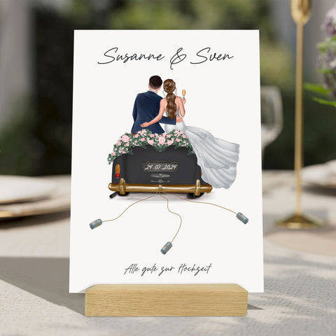 Holzschild Hochzeitsauto - Umfangreich anpassbares Geldgeschenk zur Hochzeit