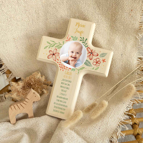 Personalisierbares Holzkreuz zur Taufe Konfirmation oder Kommunion - Mit eigenem Foto - Blumenkranz
