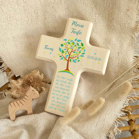 Personalisierbares Holzkreuz zur Taufe Konfirmation und Kommunion - Lebensbaum Design