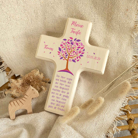 Personalisierbares Holzkreuz zur Taufe Konfirmation und Kommunion - Lebensbaum Design