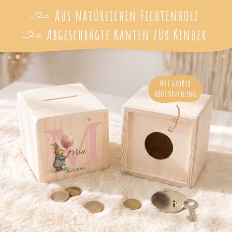 Spardose aus Holz - Tiermotive mit Monogramm