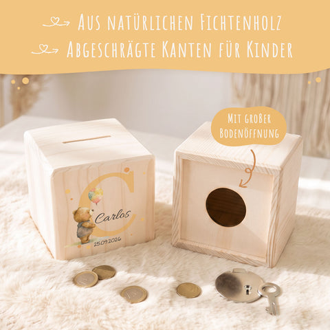 Spardose aus Holz - Tiermotive mit Monogramm
