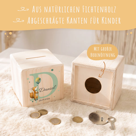 Spardose aus Holz - Tiermotive mit Monogramm