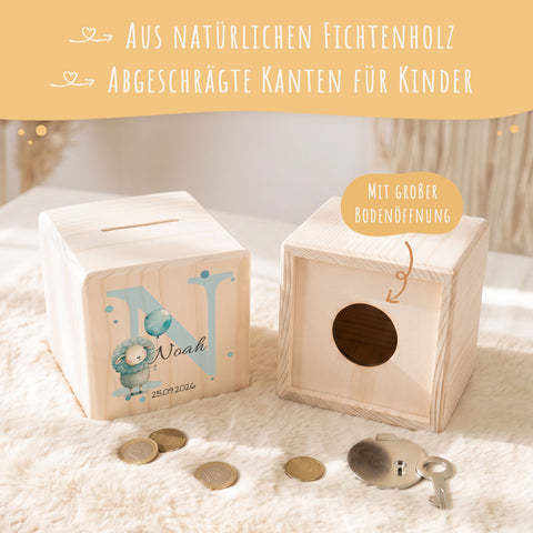 Spardose aus Holz - Tiermotive mit Monogramm