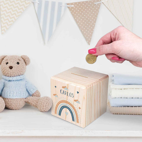 Spardose aus Holz - Regenbogen - mit Namen personalisiert
