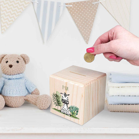 Spardose aus Holz - Safari Tiere - mit Namen personalisiert