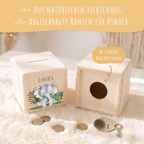 Spardose aus Holz - Safari Tiere