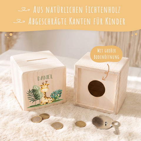 Spardose aus Holz - Safari Tiere